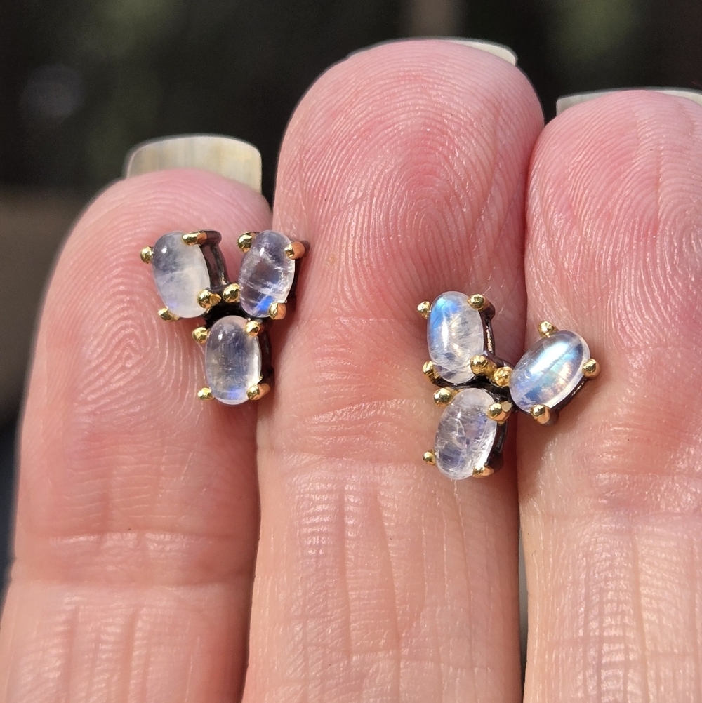 Moonstone 3k Natural Cluster Sterling Rhodium & Gold Earrings - Picture 6 of 10